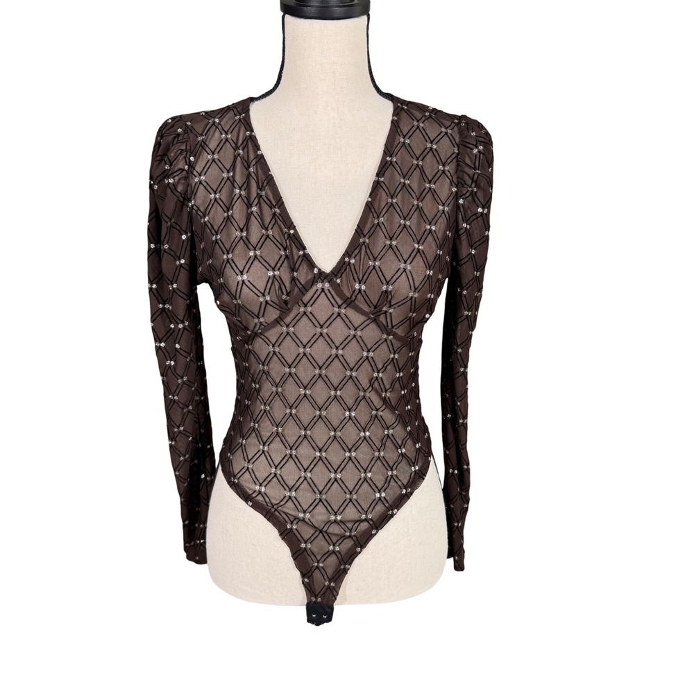 Fairycore Believe Brown Sheer Mesh Glitter Diamond Bodysuit LongSleeve V-Neck SM